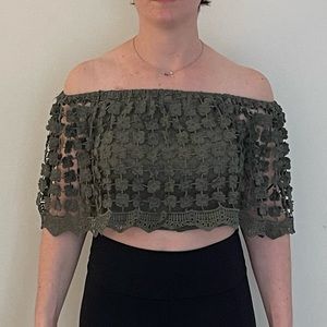 Green Cropped Floral Lace Top